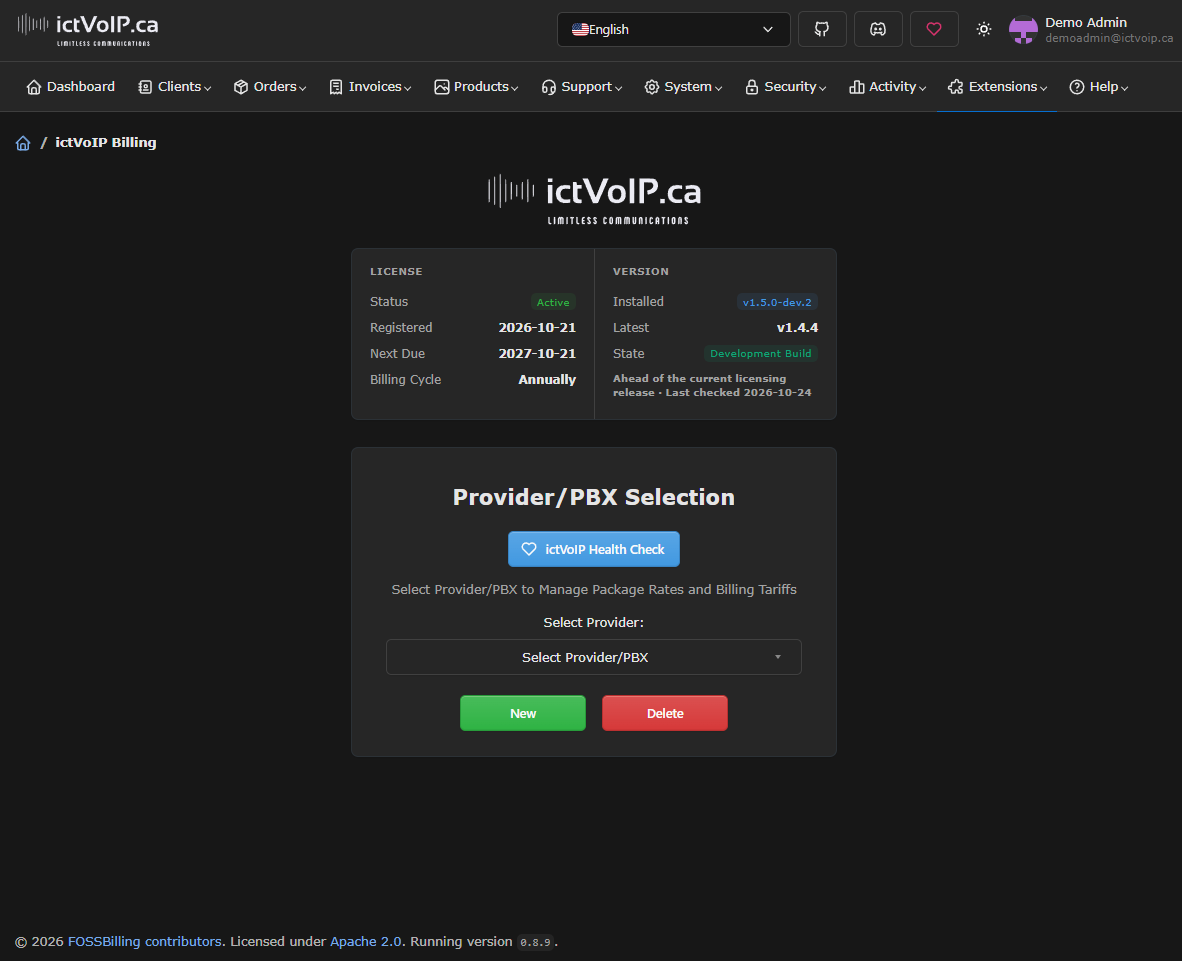 ictVoIP Billing for FOSSBilling — admin extension view