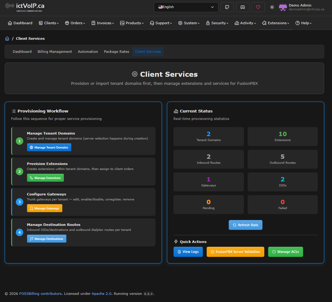 ictVoIP Billing client area — service and CDR view