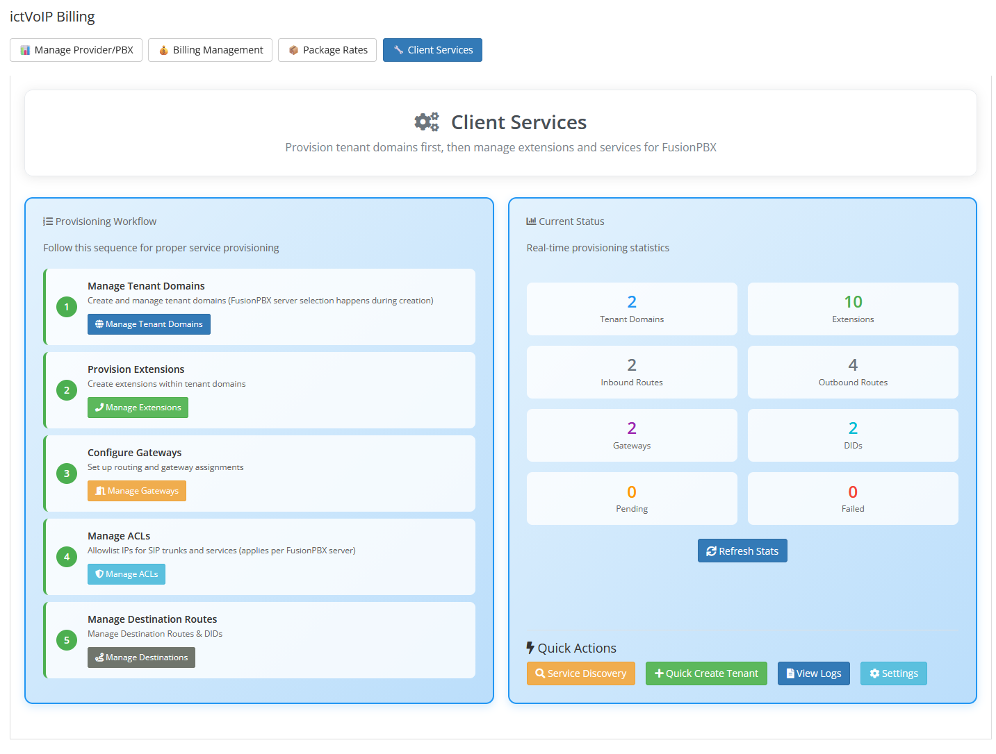 WHMCS client services dashboard