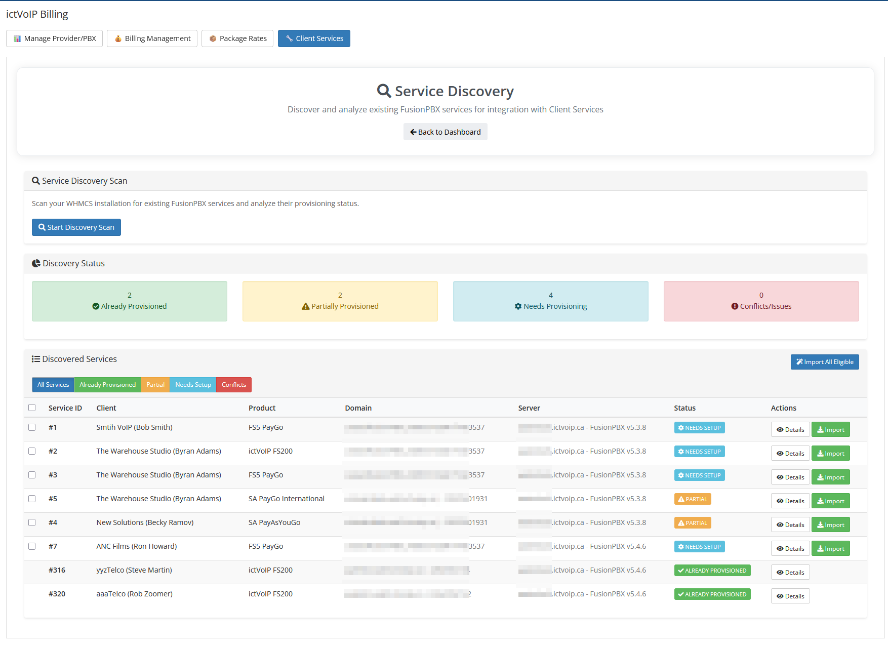 WHMCS service discovery interface